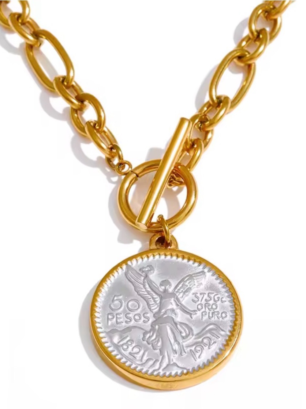 Vintage Angel Coin Pendant Necklace Two Tone Gold Silver Chunky Toggle Chain